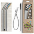 Premium Reusable Stainless Steel Drinking Straws With Silicone Tips + Patented Straw Cleaners and Carrying Case - 9” Long Metal With Curved Bend for 20/30/32oz Tumblers - Natural Colors