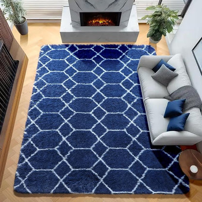 Area Rugs for Boys Bedroom Living Room, 4x6 Fluffy Navy Blue and White Rug | - Image 6