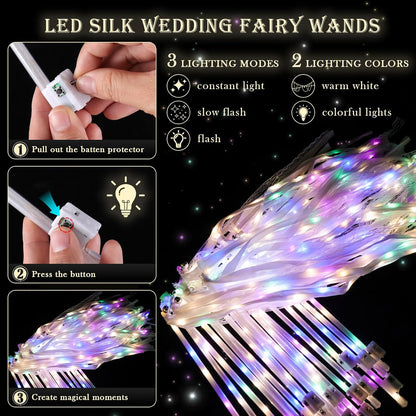 100 Pieces Light up Wedding Wands with Ribbons & Bells –LED Silk Wedd Fairy Wands Streamers with Warm White & Colorful Lights for Wedding Send Off Ideas, Parties, and Celebrations
