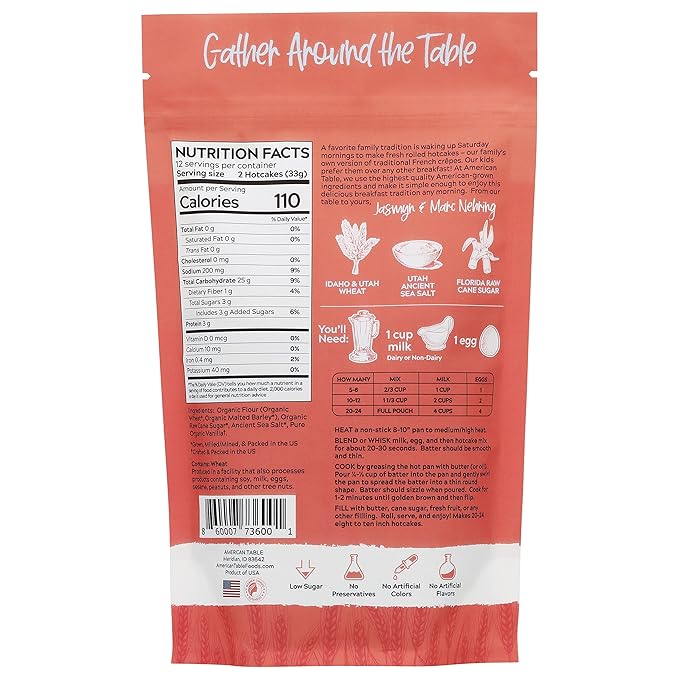 Classic Rolled Hotcakes Crepe Mix by American Table, Made with American-Grown Organic Wheat Flour & Pure Vanilla, French-Style, Non-GMO, Low Sugar, No Preservatives, Quick Prep, Makes 24 Crepes (14 oz, Pack of 1)