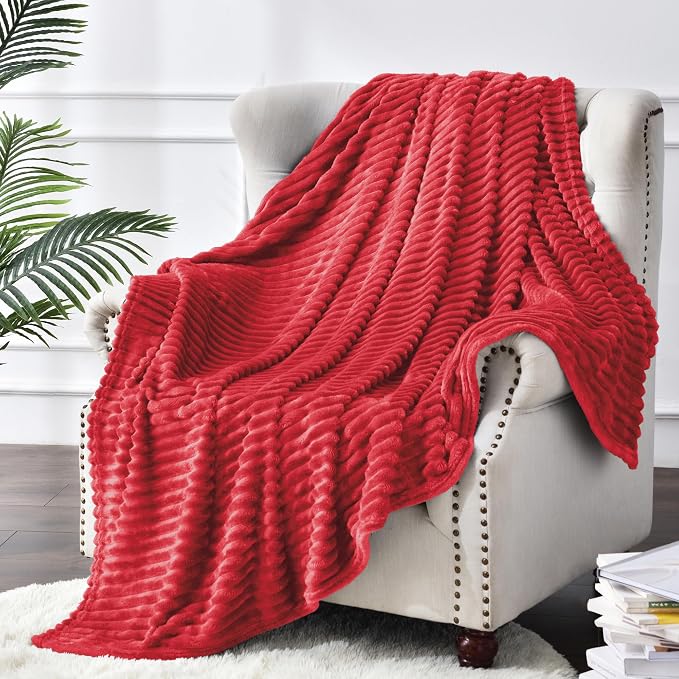 BEDELITE 3D Ribbed Jacquard Red Fleece Throw Blanket - Image 8