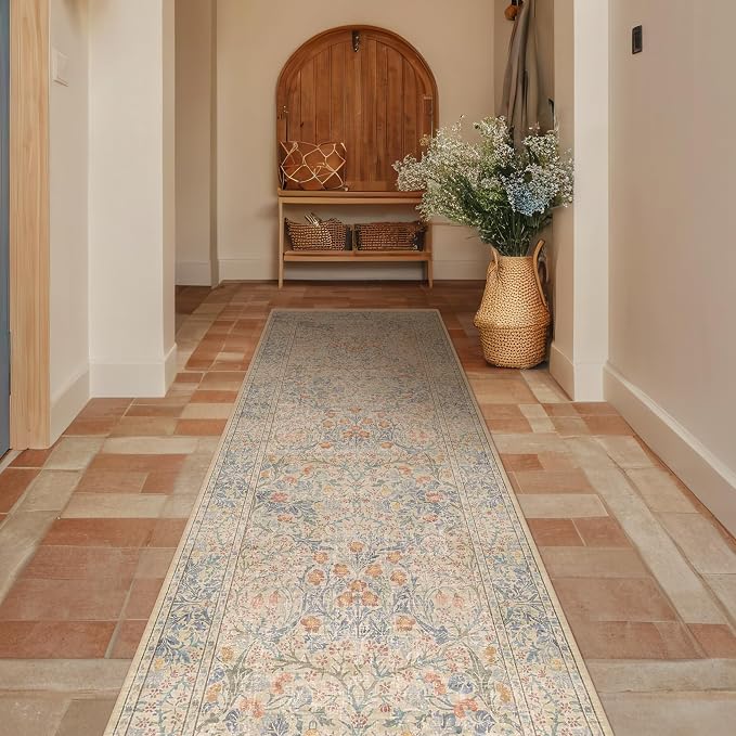 Beige Blue Washable 2x8 Runner Rug - Image 8