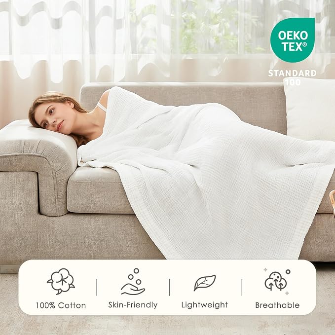 EMME Cotton Muslin King Blanket 4 Layer，Oversized Gauze Bedspread Coverlet - Image 5