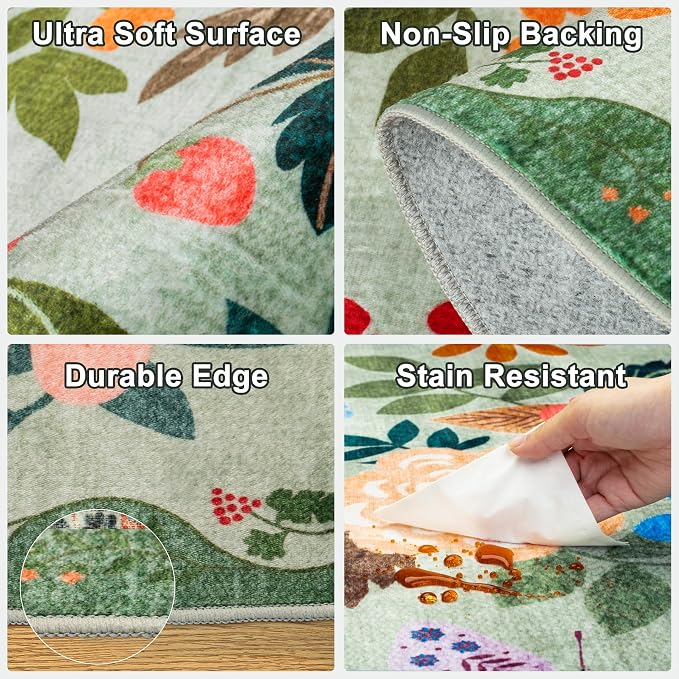 PLHXFR Round Area Rug Living Room: 4 ft Floral Washable Soft Carpet Green | - Image 6