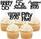 Gyufise 30 Pack Black Glitter Vintage 1970 Cupcake Toppers Glitter 55 Fabulous Happy 55 Cheers to 55 Years Birthday Cupcake Picks 55th Birthday Anniversary Cake Decorations Supplies