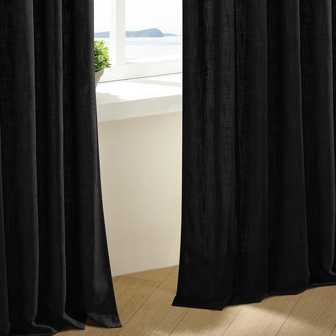 Black Pinch Pleated Linen Semi Sheer 90 Inch Curtains 2 Panels | Light Filtering - Image 6