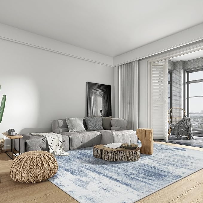 6x9 Area Rugs for Living Room: Washable Abstract Blue White Badroom Carpet | - Image 4