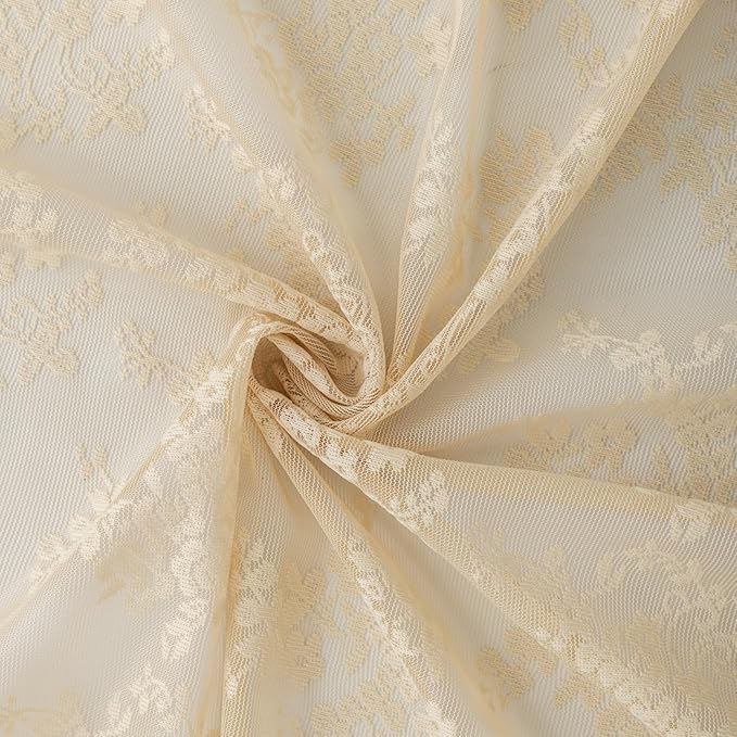 YJ YANJUN Vintage Lace Curtains 96 Inches Long-Victorian Floral Beige Sheer - Image 6