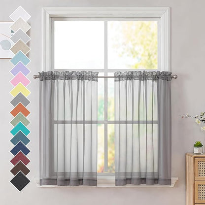 Charcoal Grey Sheer Curtains 36 inches Long, Short Kitchen Window Treatment by OVZME