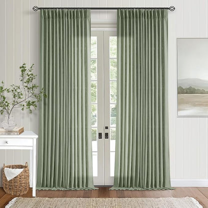 Sage Green Pinch Pleat Linen Semi Sheer Curtains 90 Inches Long 2 Panels | by Twodrapes