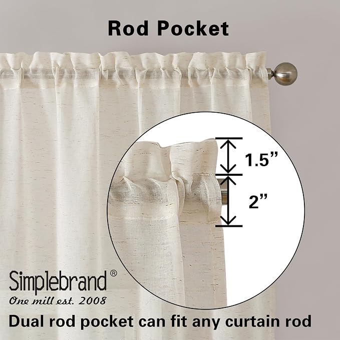 Simplebrand Natural Linen Textured Sheer Curtains 63 Inch Length 2 Panels - Image 4