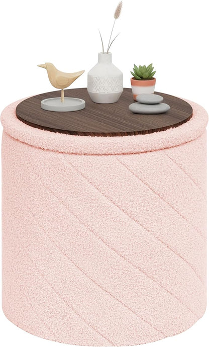 PINPLUS Ottoman with Stroage Round Boucle Ottoman and Tray Sherpa Removable by PINPLUS