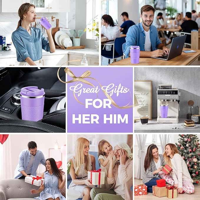 Volhoply 13 oz Stainless Steel Insulated Travel Coffee Mug with Fip Lid Bulk 8 Pack,Reusable Double Wall Vacuum Metal Coffee Cup,Portable Leak Proof Thermal Tumbler for Hot & Cold Drinks(Purple,8)