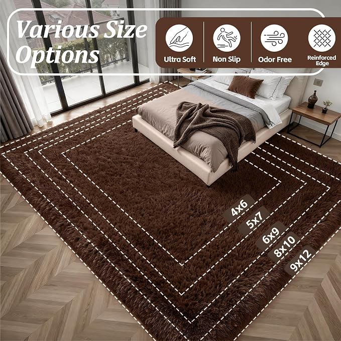 Area Rug Living Room Bedroom: 4x6 Fluffy Plush Shag Carpet Brown | - Image 9