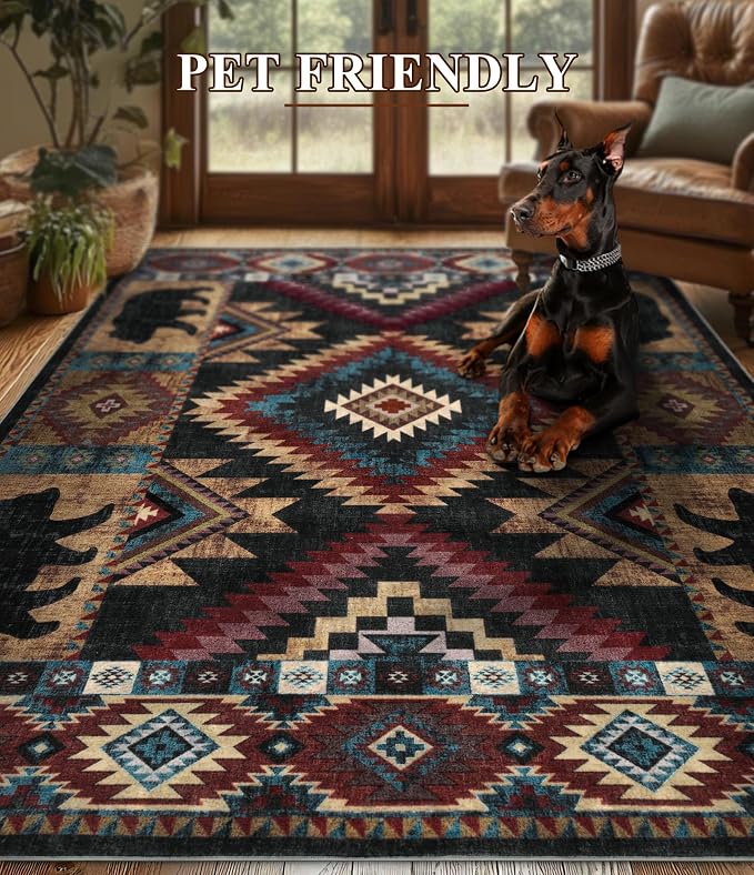 Rustic Cabin Area Rug 10x14, Lodge Wildlife Bear Washable Large Area Rug - Image 8
