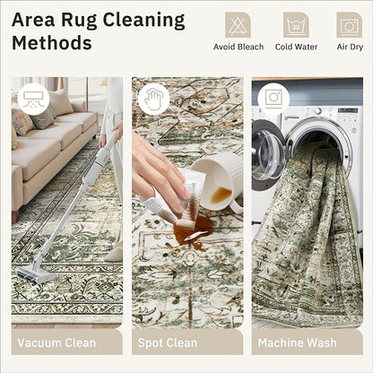 Soalmost 5x7 Area Rug Low Pile Washable Trendy Faded Style Rug, Olive Beige | - Image 5