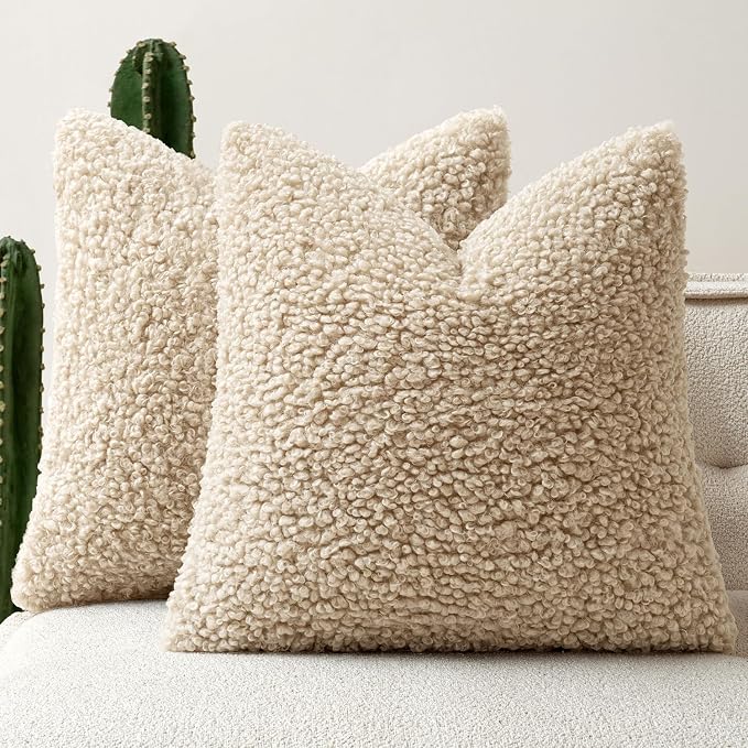 Faux Fur Throw Pillow Covers 20x20 Inch Set of 2 Boucle Neutral Decorative - Image 8