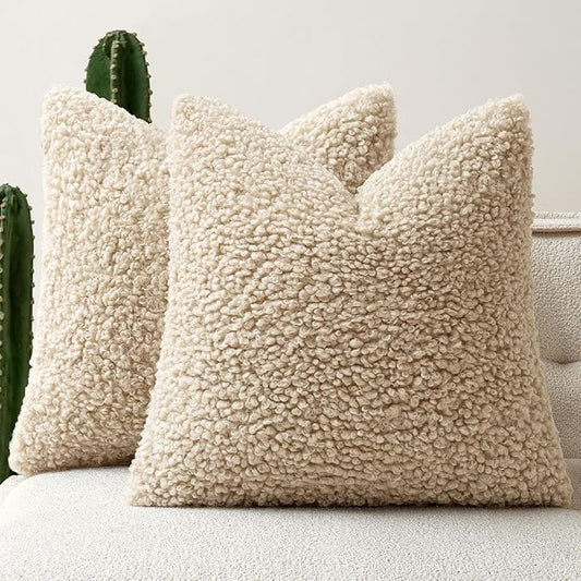 Faux Fur Throw Pillow Covers 18x18 Inch Set of 2 Boucle Neutral Decorative by Woaboy