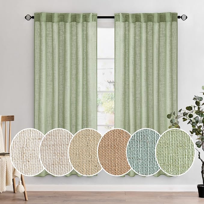 MIULEE Sage Green Linen Curtains 37x72 Inch Length 2 Panels | Window Drapes by MIULEE