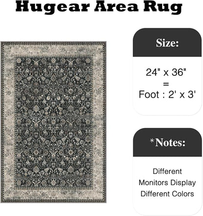2x3 Black Beige Vintage Floral Washable Area Rug - Image 2