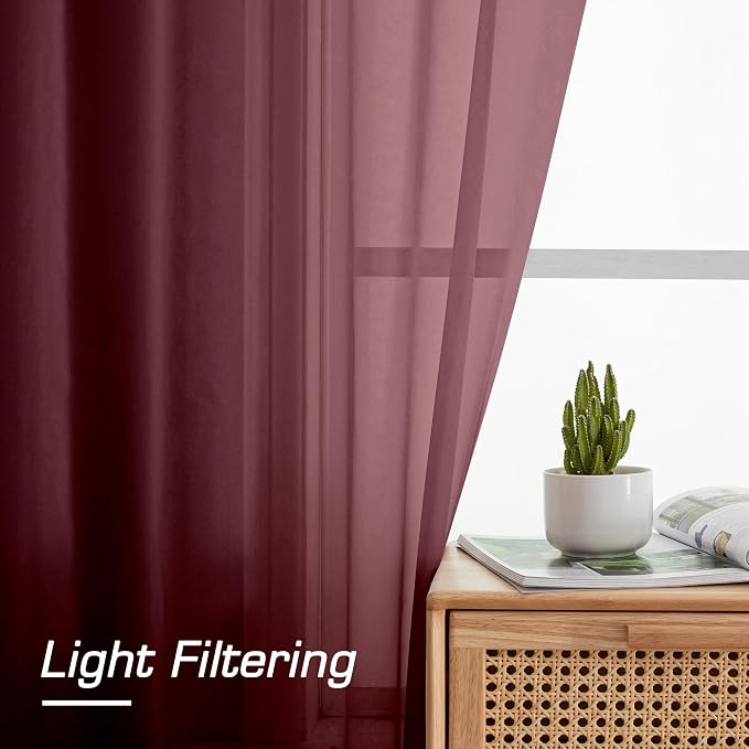 Simplebrand Burgundy Red Sheer Curtains 96 Inches Long, Light Filtering Rod - Image 3