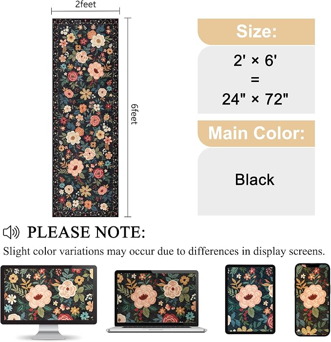 DUKINO 2x6 Runner Rug for Hallway, Washable Runner Rug Non Slip, Floral Indoor - Image 2