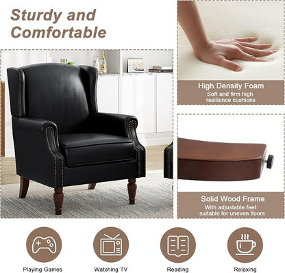 Pia Ricco Set of 2 Faux Leather Accent Chairs, High Back Wingback Armchairs - Image 4