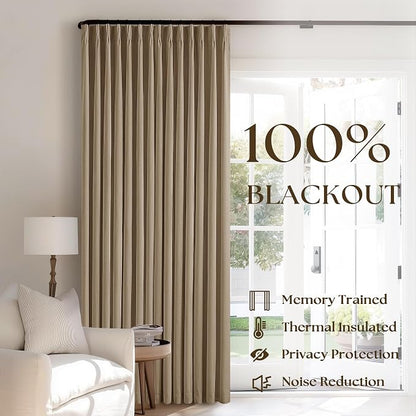 Light Brown 100% Blackout Pinch Pleated Linen 63 Inch Curtains - Image 3