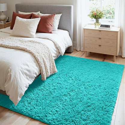 4x6 Fluffy Shag Area Rugs for Living Room Bedroom: Soft Carpet Teal Blue | - Image 2