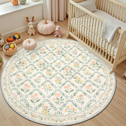 PLHXFR Round Area Rug Living Room: 4 ft Floral Washable Carpet Beige Multi | - Image 5