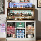 4ever2buy Farmhouse Coffee Bar Cabinet with 6 Hooks, 47'' Kitchen Coffee Bar with Hutch and 9 Wine Racks, White Sideboard Buffet with Sliding Barn Door for Dining Living Room