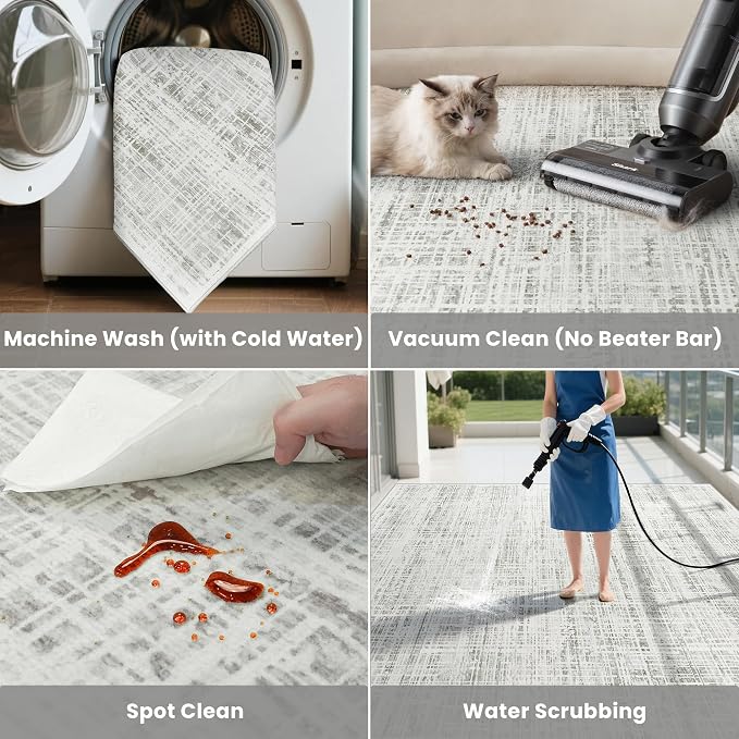 5x7 Washable Area Rug for Living Room Bedroom: Non-Slip Modern White Gray | - Image 5