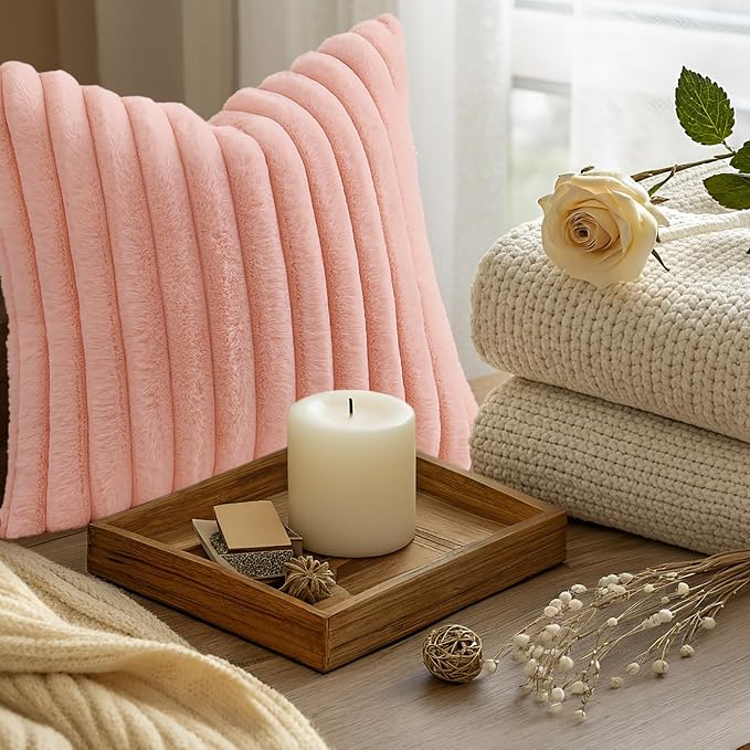 decorUhome Fall Faux Fur Throw Pillow Covers 20x20 Set of 2 Blush Pink | - Image 9
