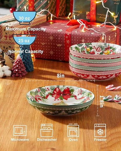 Christmas Pasta Bowls, Ceramic Salad Serving Bowl Set, 8 Inch Wide and Shallow Dinner Bowl Plate for Kitchen, Dishwasher and Microwave Safe, Set of 6