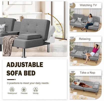 Shahoo Modern Linen Upholstered Convertible Folding Futon Sofa Bed - Image 4