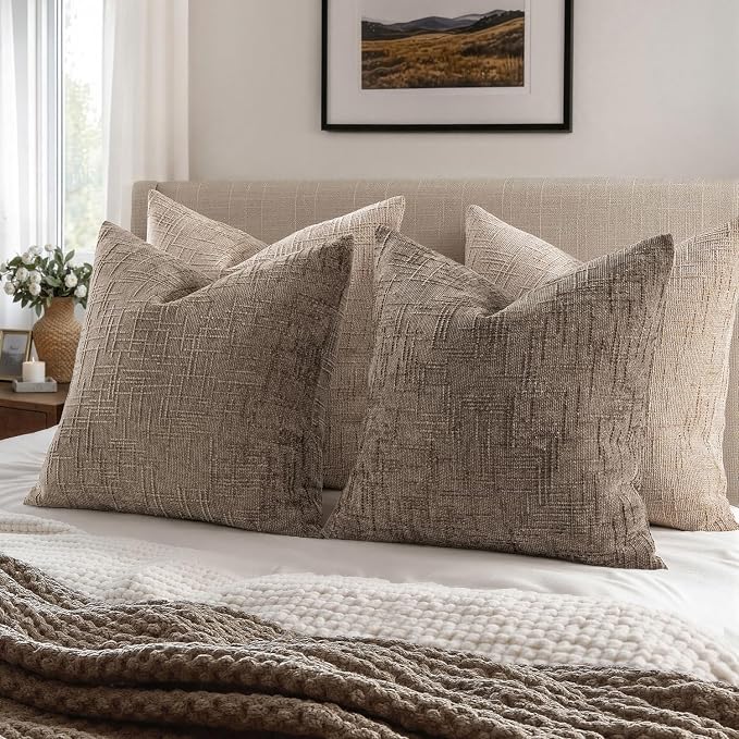 MIULEE Chenille Textured Euro Pillow Covers Taupe Grey 22x22 Set of 2 | Slubby - Image 6