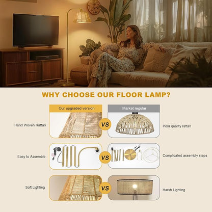 Oneach Arc Floor Lamp for Living Room, Rattan Boho Floor Lamp - Image 7