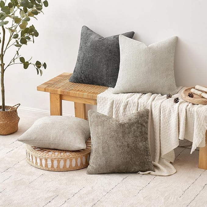 MIULEE Soft Decorative Chenille Euro Pillow Covers Neutral 24x24 Pack of 4 | - Image 4