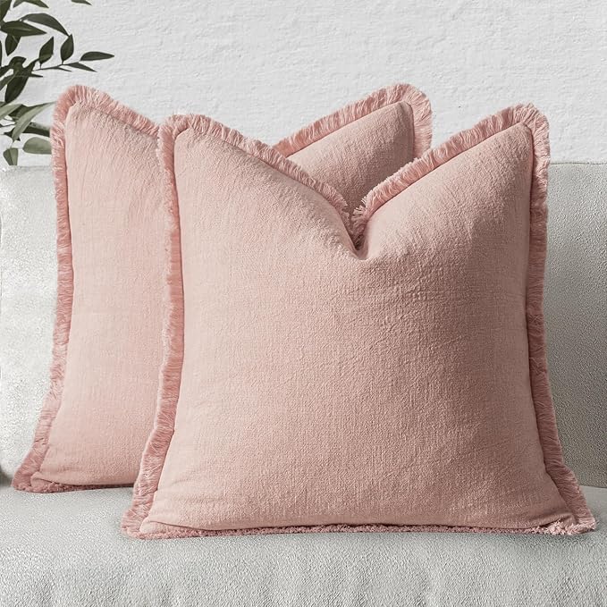 MIULEE Boho Linen Fringe Decorative Throw Pillow Covers Pink 18x18 | Set of 2 by MIULEE