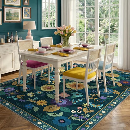 RELEANY Floral Washable 8x10 Area Rugs Teal/Purple | Flower Carpet Print Boho - Image 6