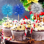 Chinco 100 Pcs Foil Firework Cupcake Toppers Sparkle Tinsel Cake Toppers Cake Decoration Cocktail Fruit Toothpick for Birthday Wedding Graduation Party(Dark Blue, Light Blue, Silver)