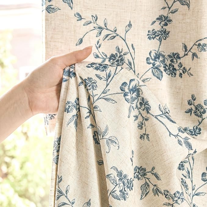 Blackout Vintage Floral Linen Curtains Blue on Beige 50×90 2 Panels | Elisa - Image 3