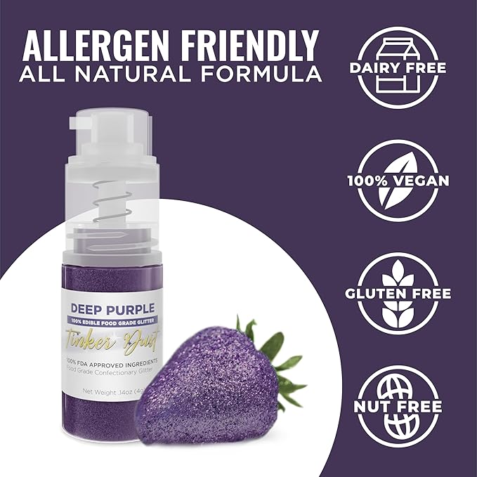 Bakell - Deep Purple Tinker Dust (4g, 1x Mini Spray Pump) Edible Glitter for Food, Desserts, and Beverages!