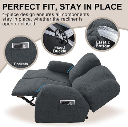 Recliner Loveseat Covers, 4-Piece Stretch Geometric Strokes Jacquard Reclining - Image 4