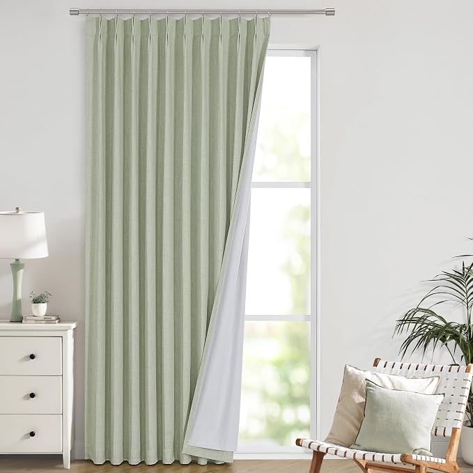 Vision Home Soft Green Pinch Pleated Full Blackout Curtains Linen Blended Room by VisionHome
