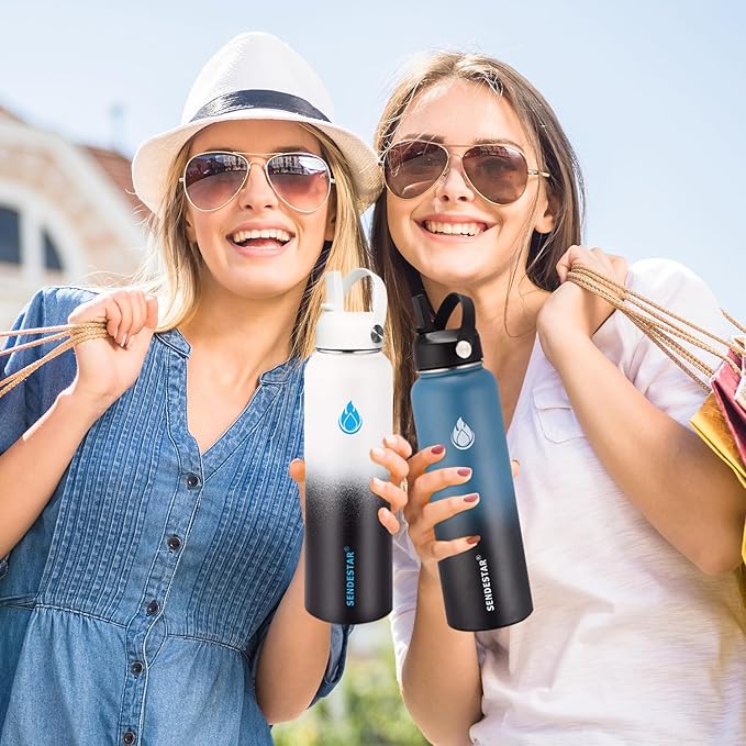 SENDESTAR Stainless Steel Water Bottle, Wide Mouth 32 oz Water Bottle with Straw Lid, Spout Lid, Double Wall Vacuum Insulated Leak Proof, Keeps Liquids Hot or Cold (Sky Blue)