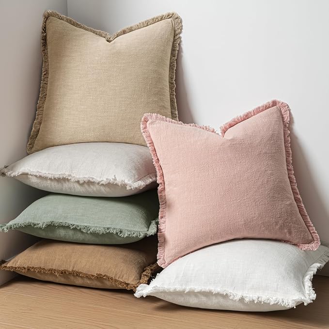 MIULEE Boho Linen Fringe Decorative Throw Pillow Covers Pink 18x18 | Set of 2 - Image 7