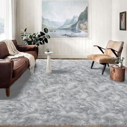 Latepis Grey Faux Fur 8'10"x11'10" Area Rug, Soft Plush Faux Fur Sheepskin Rugs by Latepis