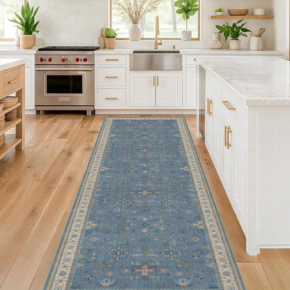 Boho 2'6"x10' Wide Runner Rugs for Hallway Non Skid- 10ft Light Blue Washable - Image 3