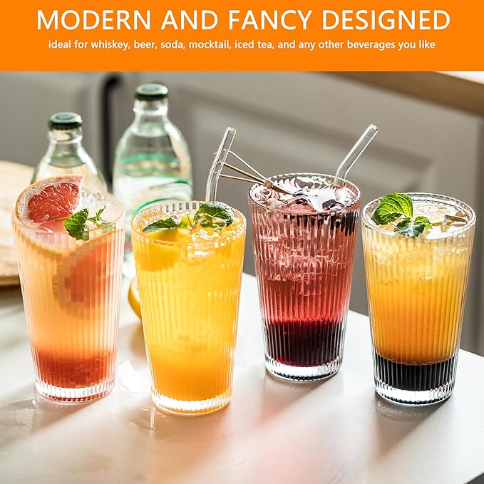 KEMORELA 4-Pack Ribbed Drinking Glasses, 16 oz Vintage Highball Cups with Glass Straws, Old Fashioned Glasses, Elegant Tumblers for Water, Juice, Whiskey - Perfect for Iced Coffee and Cocktails